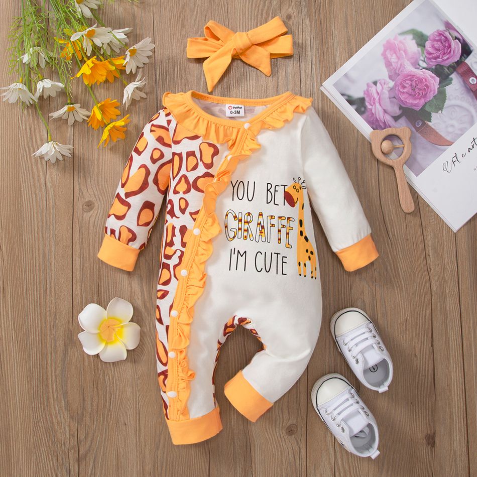 2pcs Baby Girl 95% Cotton Long-sleeve Cartoon Giraffe & Letter Print Ruffle Trim Spliced Jumpsuit with Headband Set Yellow big image 1
