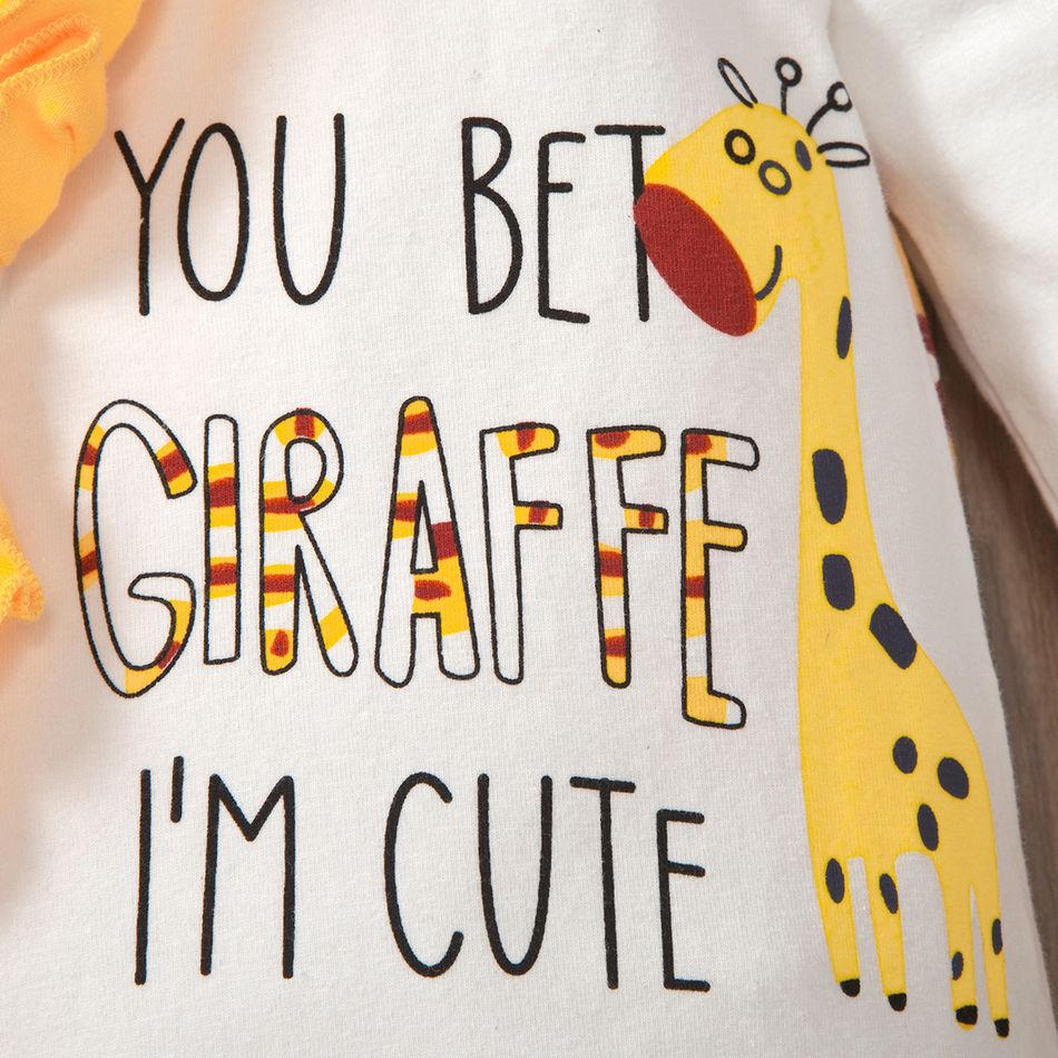 2pcs Baby Girl 95% Cotton Long-sleeve Cartoon Giraffe & Letter Print Ruffle Trim Spliced Jumpsuit with Headband Set Yellow big image 2