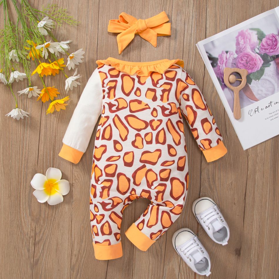 2pcs Baby Girl 95% Cotton Long-sleeve Cartoon Giraffe & Letter Print Ruffle Trim Spliced Jumpsuit with Headband Set Yellow big image 5