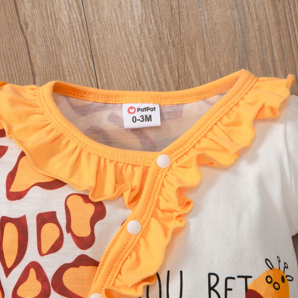 2pcs Baby Girl 95% Cotton Long-sleeve Cartoon Giraffe & Letter Print Ruffle Trim Spliced Jumpsuit with Headband Set Yellow big image 7