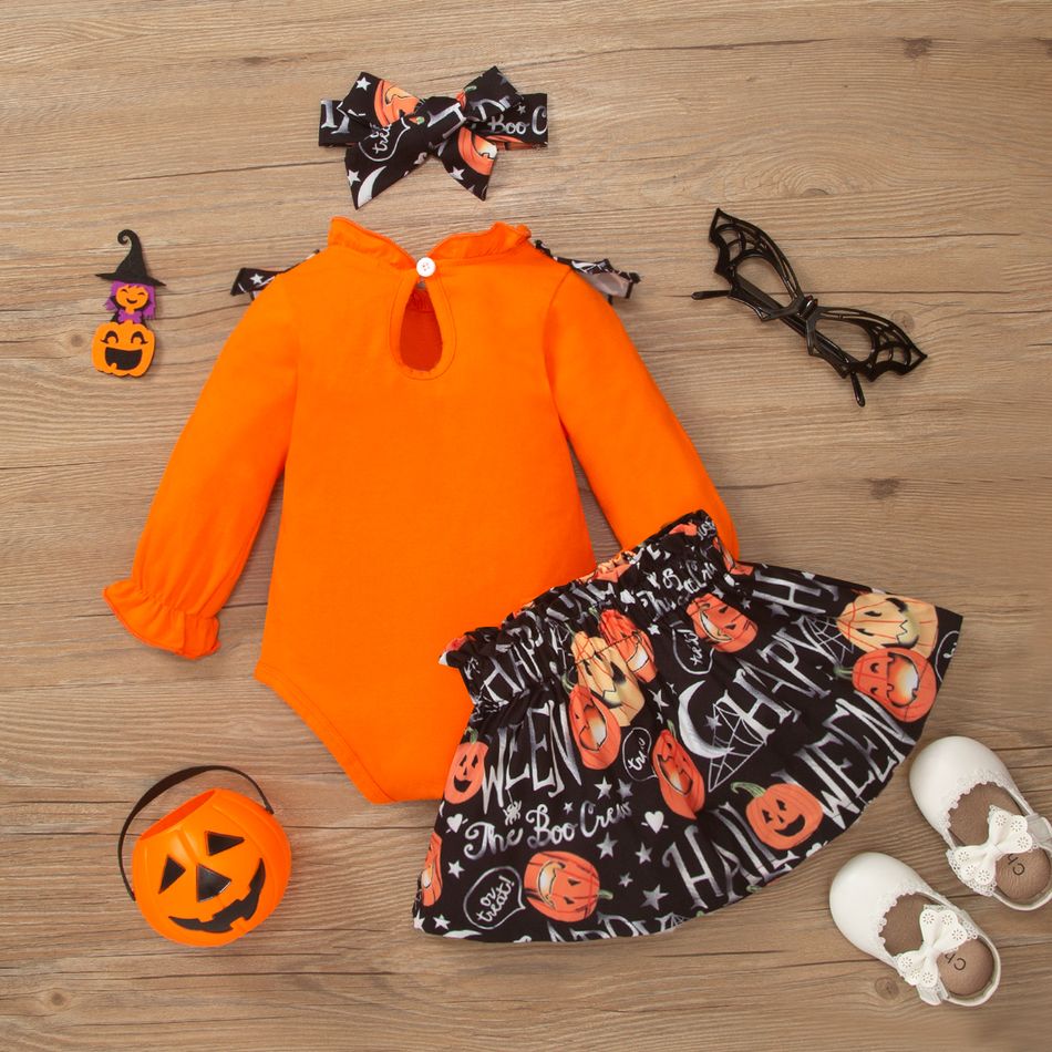 Halloween 3pcs Baby Girl 95% Cotton Long-sleeve Ruffle Trim Romper and Bow Front Allover Pumpkin & Letter Print Skirt with Headband Set Orange big image 8