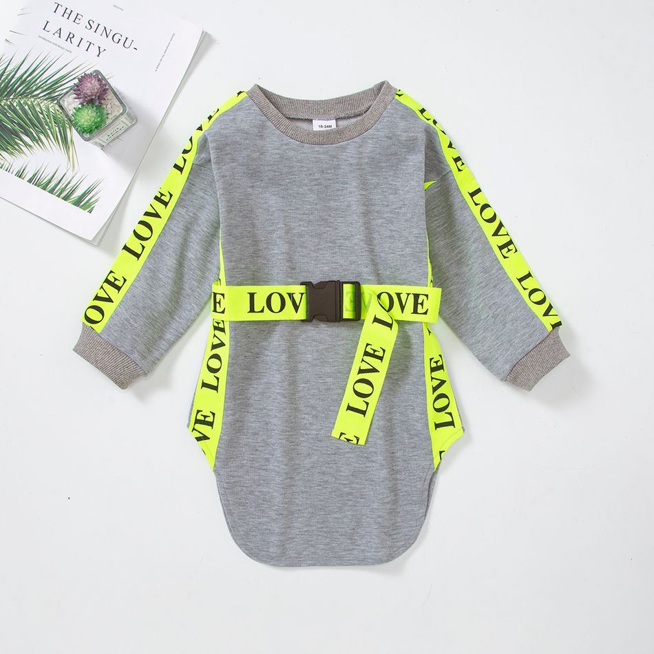 Toddler Girl Letter Print Webbing Design Irregular Hem Belted Dress Light Grey