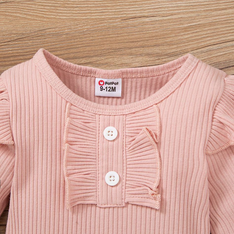 2pcs Baby Girl 95% Cotton Long-sleeve Rib Knit Ruffle Trim Romper and Allover Rainbow Print Overalls Set Pink big image 3