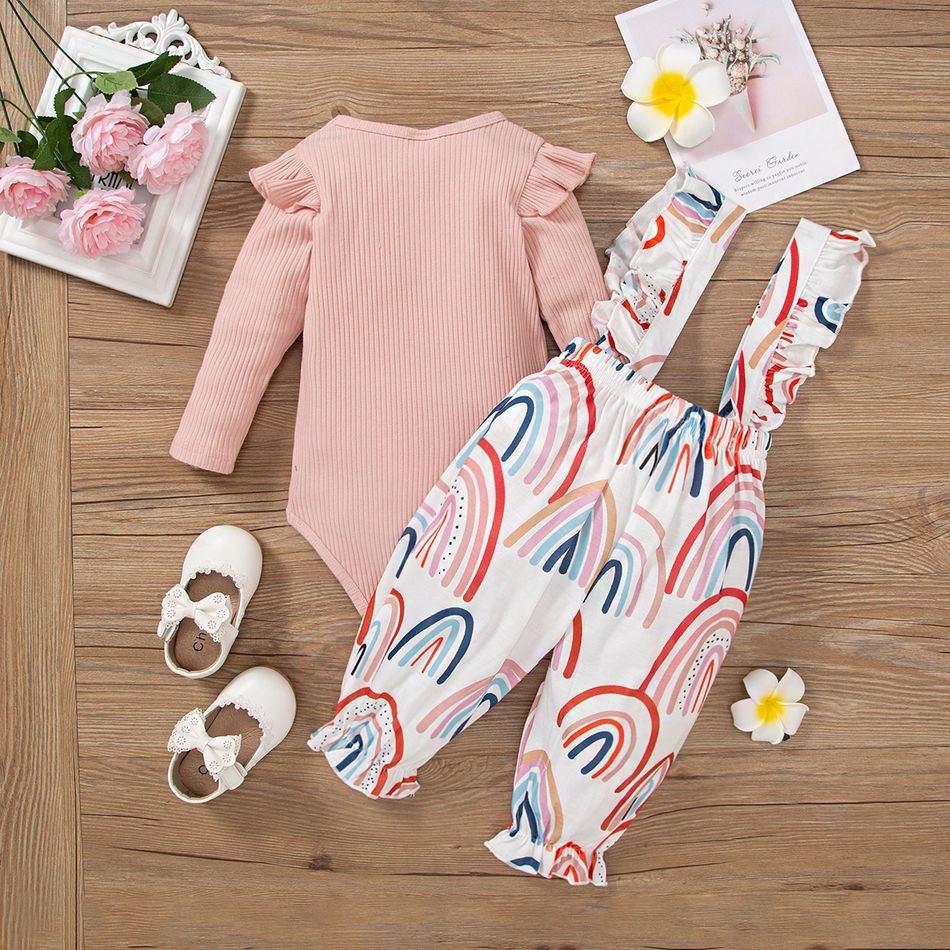 2pcs Baby Girl 95% Cotton Long-sleeve Rib Knit Ruffle Trim Romper and Allover Rainbow Print Overalls Set Pink big image 10