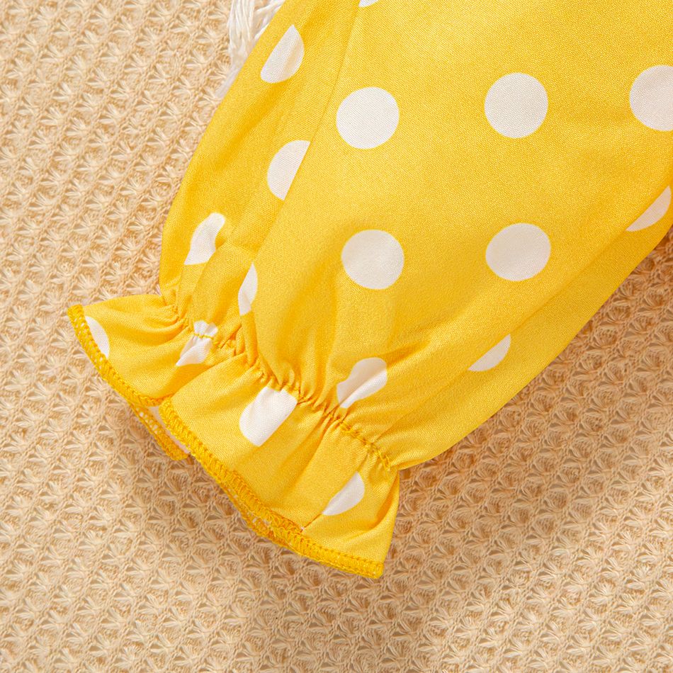 2pcs Baby Girl 100% Cotton Flared Jeans and Polka Dot Print Cold Shoulder Long-sleeve Bow Front Crop Top Set Yellow big image 6