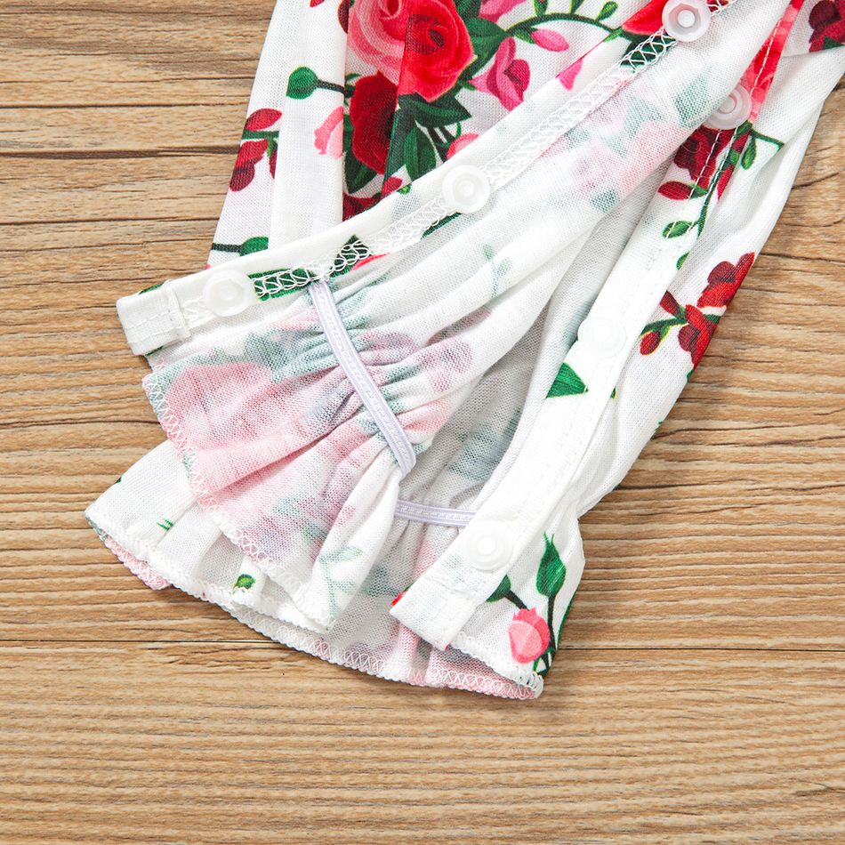 2pcs Baby Girl 95% Cotton Rib Knit Long-sleeve Letter Embroidered Spliced Allover Floral Print Jumpsuit with Headband Set Red big image 3