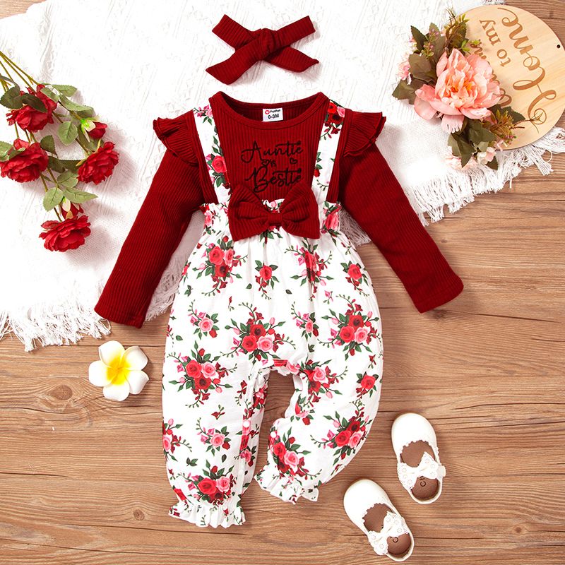 2pcs Baby Girl 95% Cotton Rib Knit Long-sleeve Letter Embroidered Spliced Allover Floral Print Jumpsuit with Headband Set Red big image 4