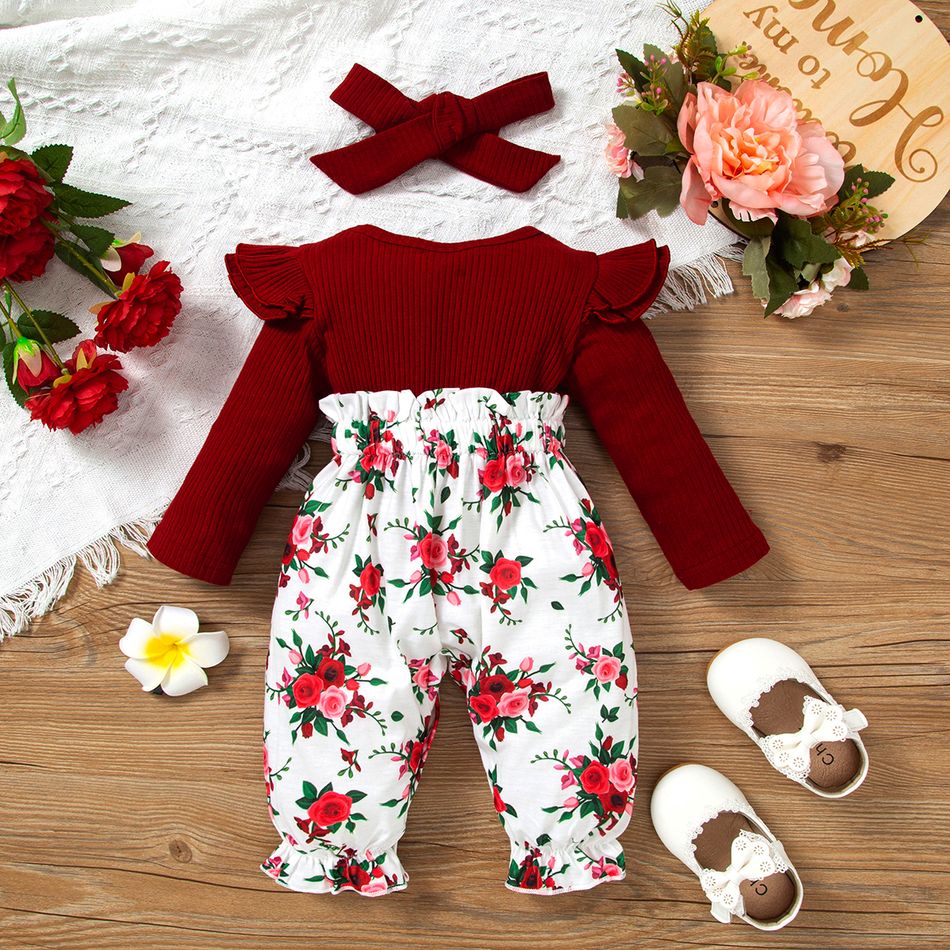 2pcs Baby Girl 95% Cotton Rib Knit Long-sleeve Letter Embroidered Spliced Allover Floral Print Jumpsuit with Headband Set Red big image 5