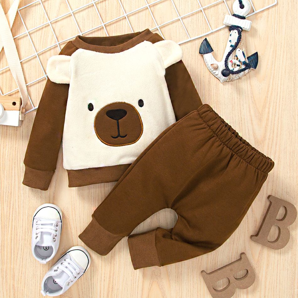 2pcs Baby Girl Bear Ears Decor Raglan-sleeve Embroidered Fleece Sweatshirt and Sweatpants Set Brown