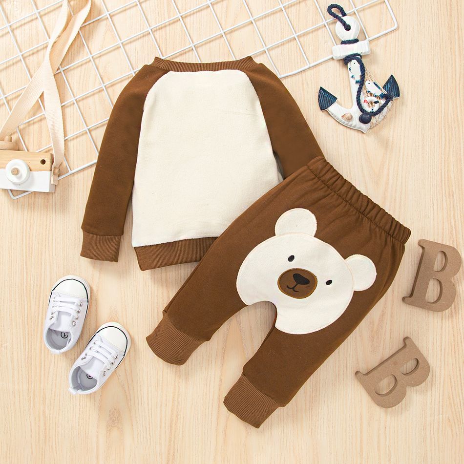 2pcs Baby Girl Bear Ears Decor Raglan-sleeve Embroidered Fleece Sweatshirt and Sweatpants Set Brown big image 2