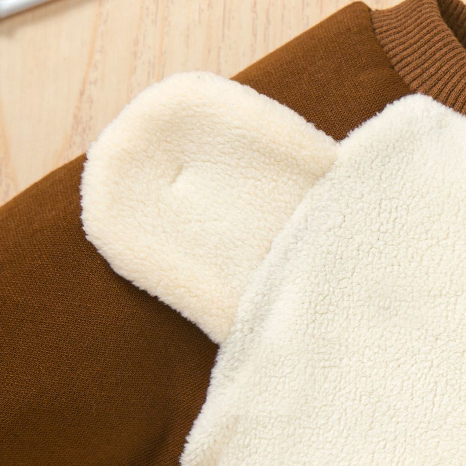 2pcs Baby Girl Bear Ears Decor Raglan-sleeve Embroidered Fleece Sweatshirt and Sweatpants Set Brown big image 4