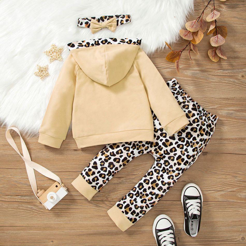 3pcs Baby Girl 95% Cotton Long-sleeve Hoodie and Leopard Print Leggings with Headband Set Apricot big image 2