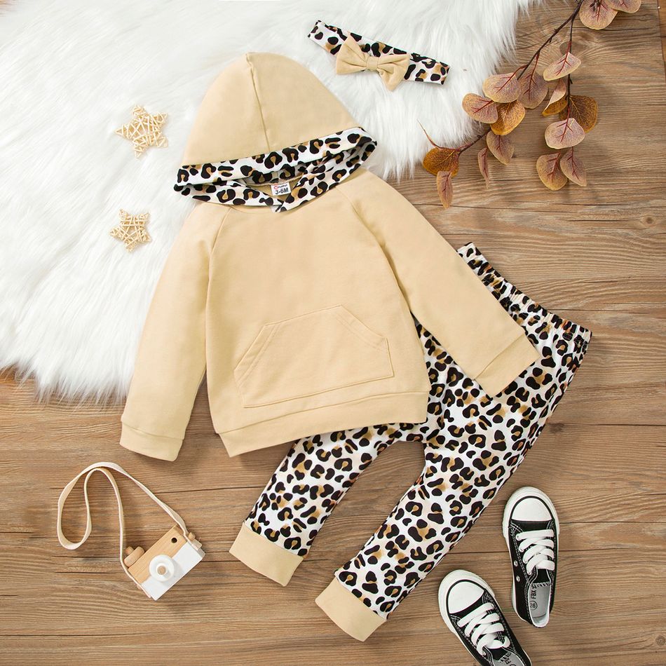 3pcs Baby Girl 95% Cotton Long-sleeve Hoodie and Leopard Print Leggings with Headband Set Apricot