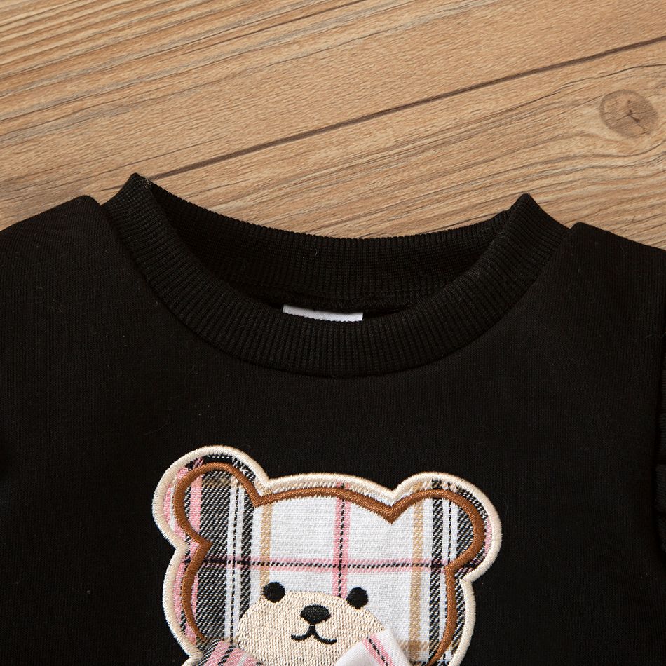 2pcs Baby Boy Bear Embroidered Ruffle Long-sleeve Sweatshirt and Plaid Pants Set Black big image 3