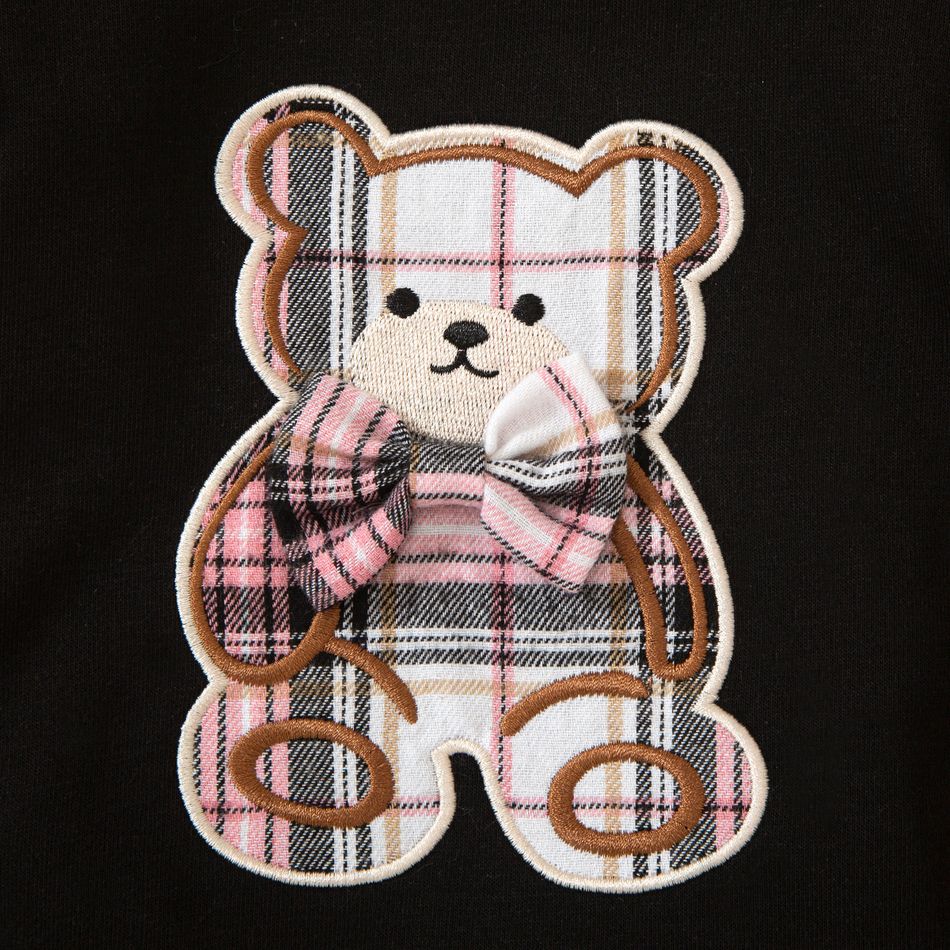 2pcs Baby Boy Bear Embroidered Ruffle Long-sleeve Sweatshirt and Plaid Pants Set Black big image 4