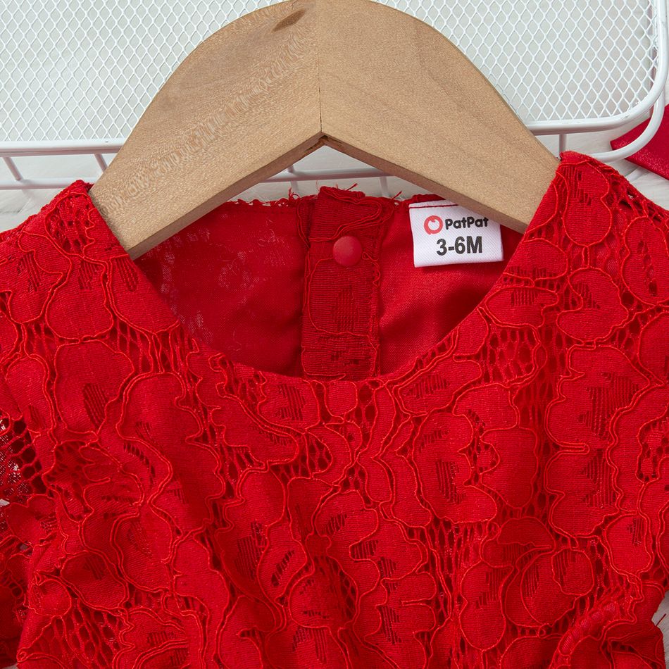 فستان حفلات للفتيات الصغيرات من الدانتيل الأحمر بأكمام طويلة مزين بحزام شبكي أحمر big image 3