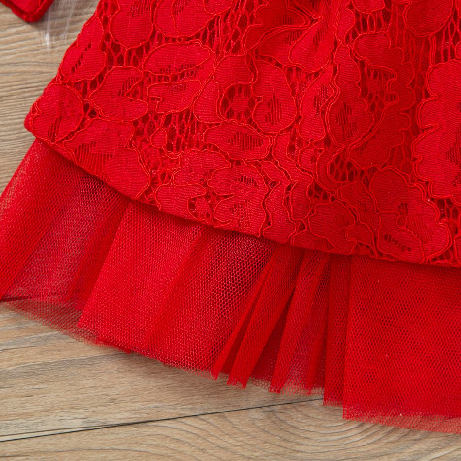 فستان حفلات للفتيات الصغيرات من الدانتيل الأحمر بأكمام طويلة مزين بحزام شبكي أحمر big image 5