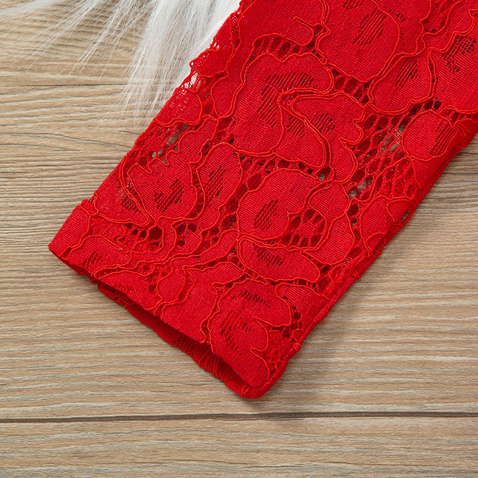 فستان حفلات للفتيات الصغيرات من الدانتيل الأحمر بأكمام طويلة مزين بحزام شبكي أحمر big image 6