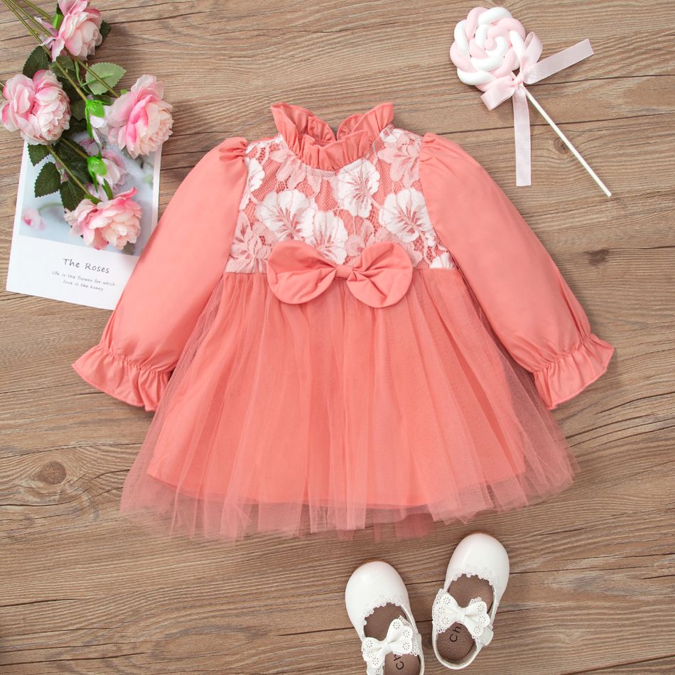 Baby Girl 100% Cotton Long-sleeve Frill Mock Neck Lace Spliced Mesh Party Dress Pink big image 1