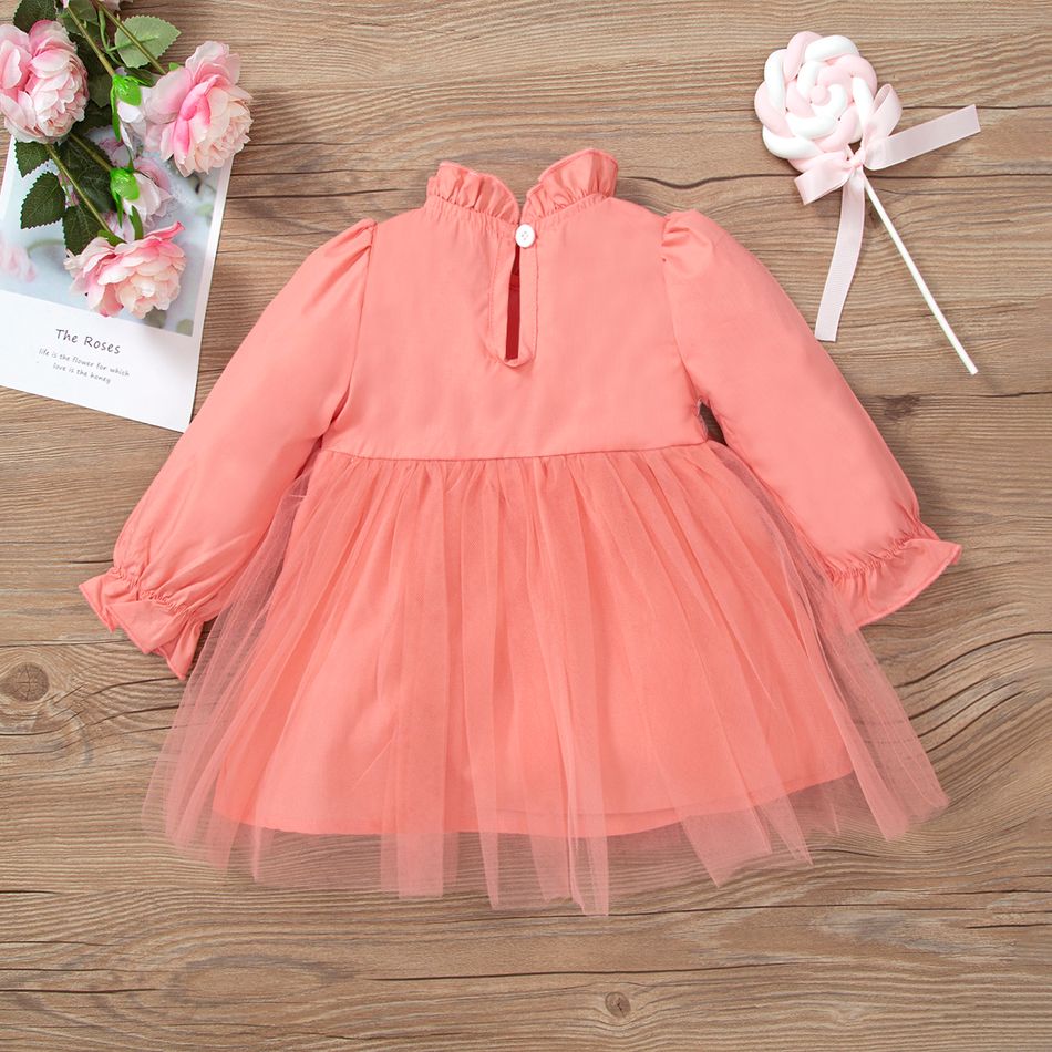 Baby Girl 100% Cotton Long-sleeve Frill Mock Neck Lace Spliced Mesh Party Dress Pink big image 2