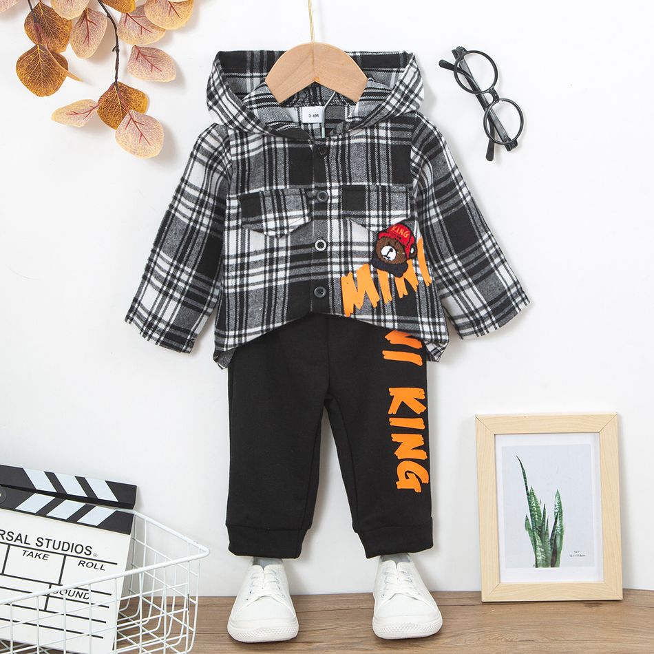 2pcs Baby Boy Bear Embroidered Letter Print Plaid Hooded Long-sleeve Shirt Jacket and Sweatpants Set Black/White