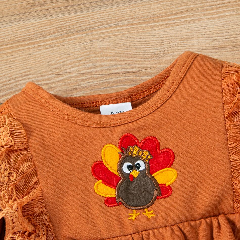 Thanksgiving Day Baby Girl 95% Cotton Long-sleeve Lace Ruffle Trim Jumpsuit Brown big image 3