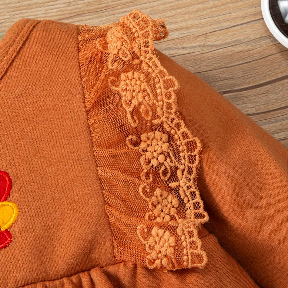Thanksgiving Day Baby Girl 95% Cotton Long-sleeve Lace Ruffle Trim Jumpsuit Brown big image 4