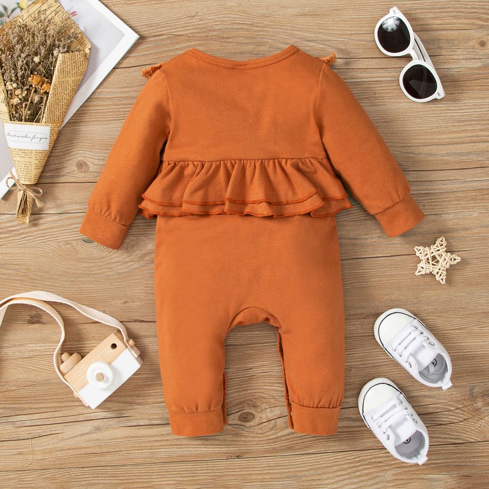 Thanksgiving Day Baby Girl 95% Cotton Long-sleeve Lace Ruffle Trim Jumpsuit Brown big image 2