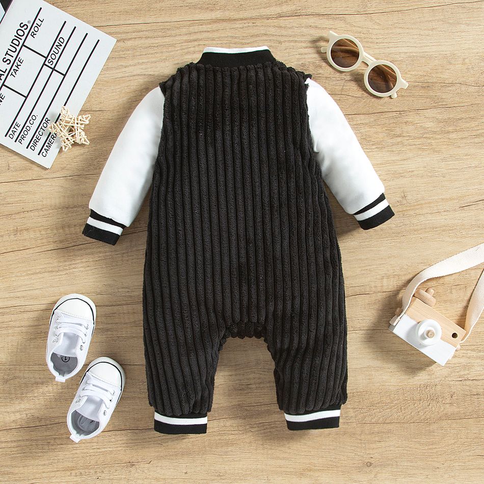Baby Boy Letter Embroidered Long-sleeve Fuzzy Jumpsuit Black big image 2