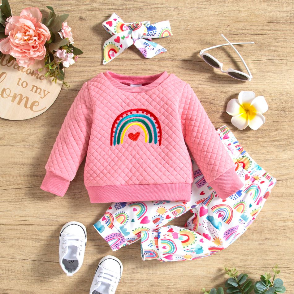 3pcs Baby Girl Rainbow Embroidered Long-sleeve Textured Sweatshirt and Allover Print Pants with Headband Set Pink big image 1
