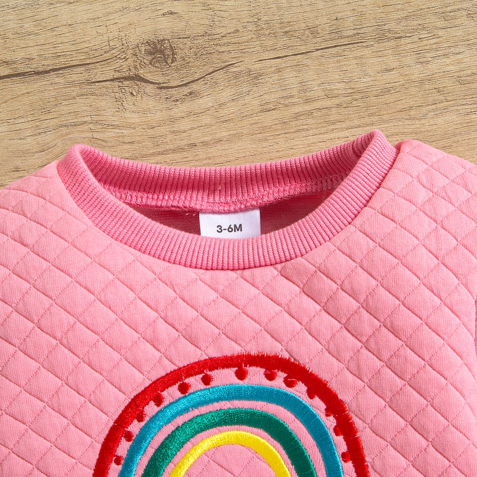 3pcs Baby Girl Rainbow Embroidered Long-sleeve Textured Sweatshirt and Allover Print Pants with Headband Set Pink big image 2