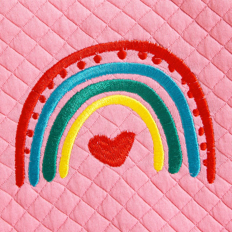 3pcs Baby Girl Rainbow Embroidered Long-sleeve Textured Sweatshirt and Allover Print Pants with Headband Set Pink big image 3