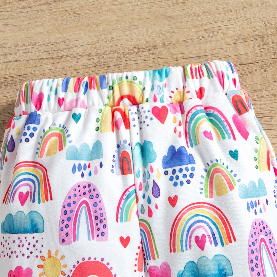 3pcs Baby Girl Rainbow Embroidered Long-sleeve Textured Sweatshirt and Allover Print Pants with Headband Set Pink big image 6