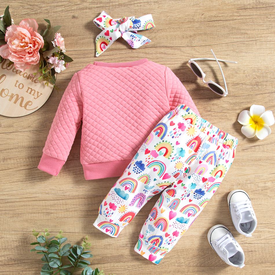 3pcs Baby Girl Rainbow Embroidered Long-sleeve Textured Sweatshirt and Allover Print Pants with Headband Set Pink big image 8