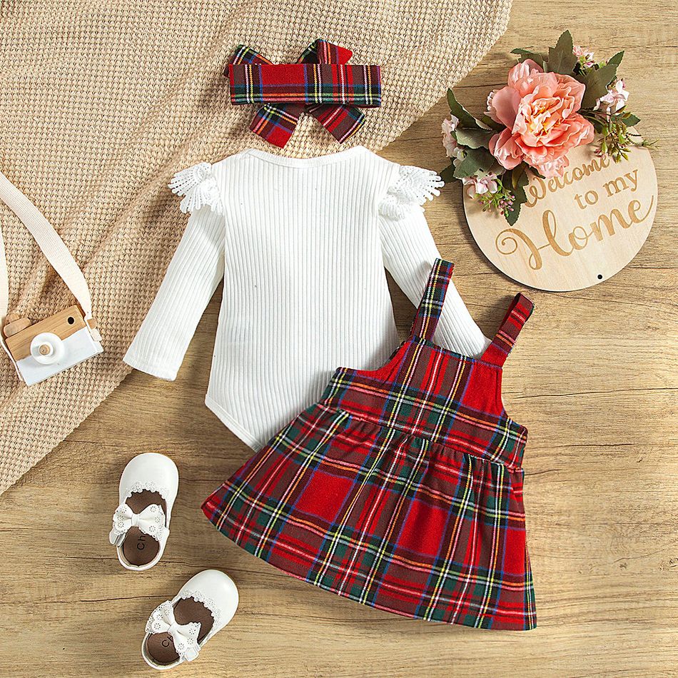 3pcs Baby Girl Solid Ribbed Ruffle Long-sleeve Romper and Red Plaid Overall Dress with Headband Set Red big image 3