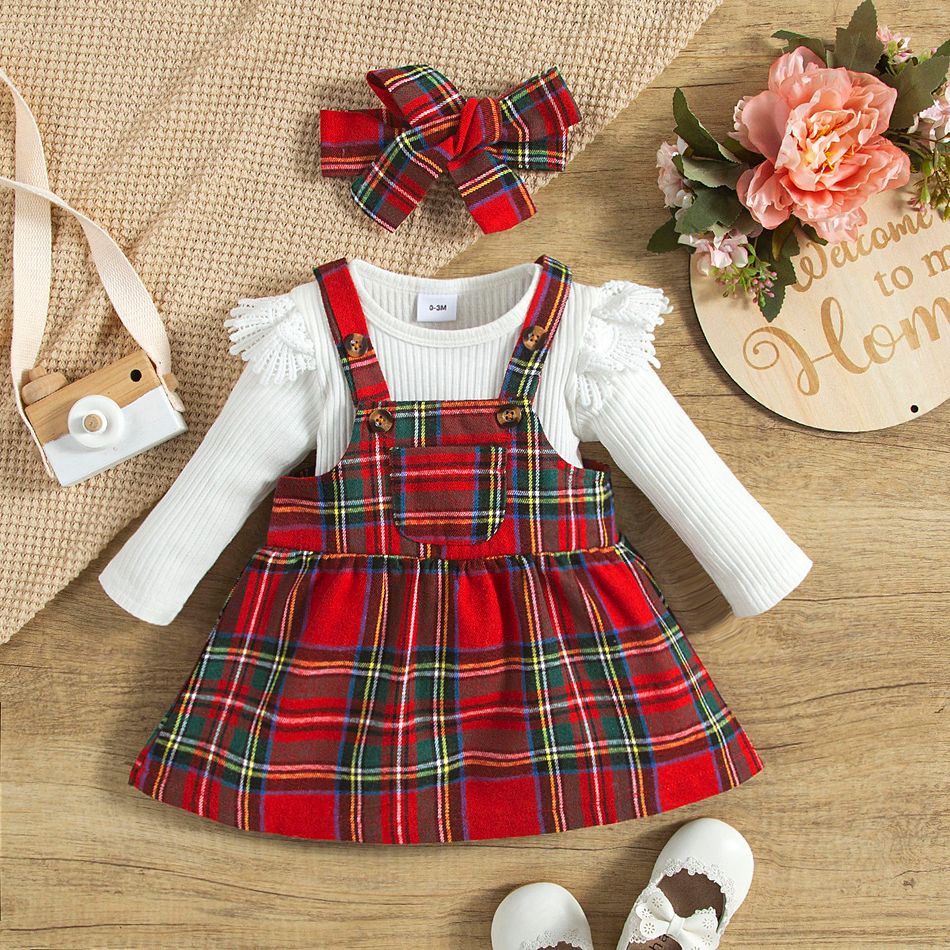 3pcs Baby Girl Solid Ribbed Ruffle Long-sleeve Romper and Red Plaid Overall Dress with Headband Set Red big image 1