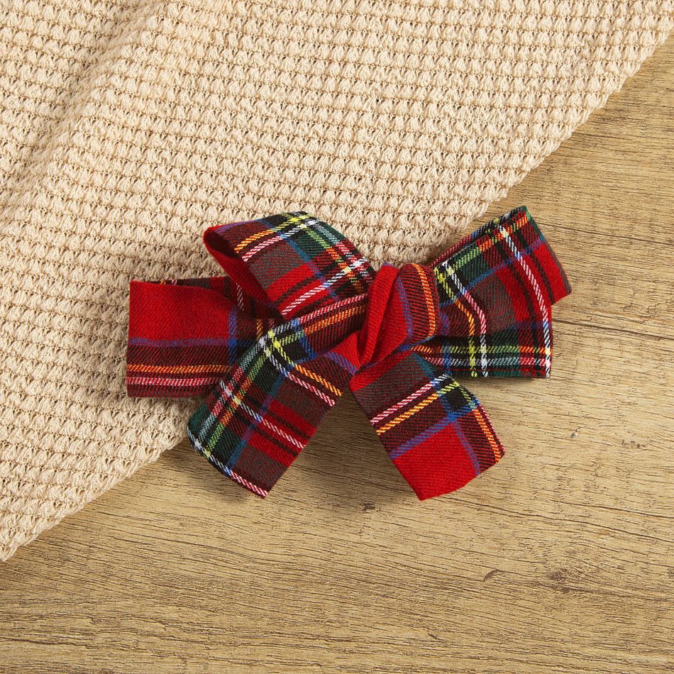 3pcs Baby Girl Solid Ribbed Ruffle Long-sleeve Romper and Red Plaid Overall Dress with Headband Set Red big image 8