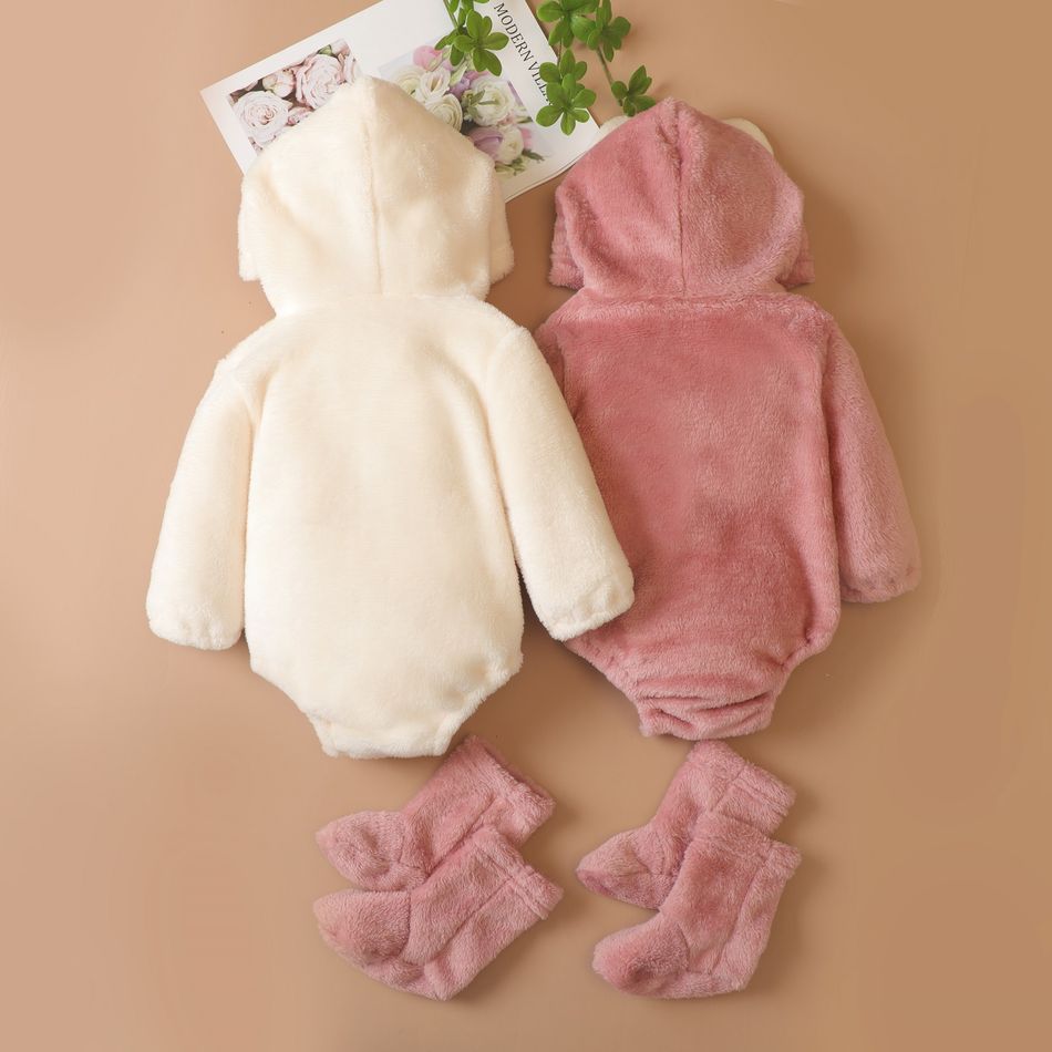 Baby 3pcs Pink/White Solid Long-sleeve Hooded Flannel Romper with Socks Set White big image 3