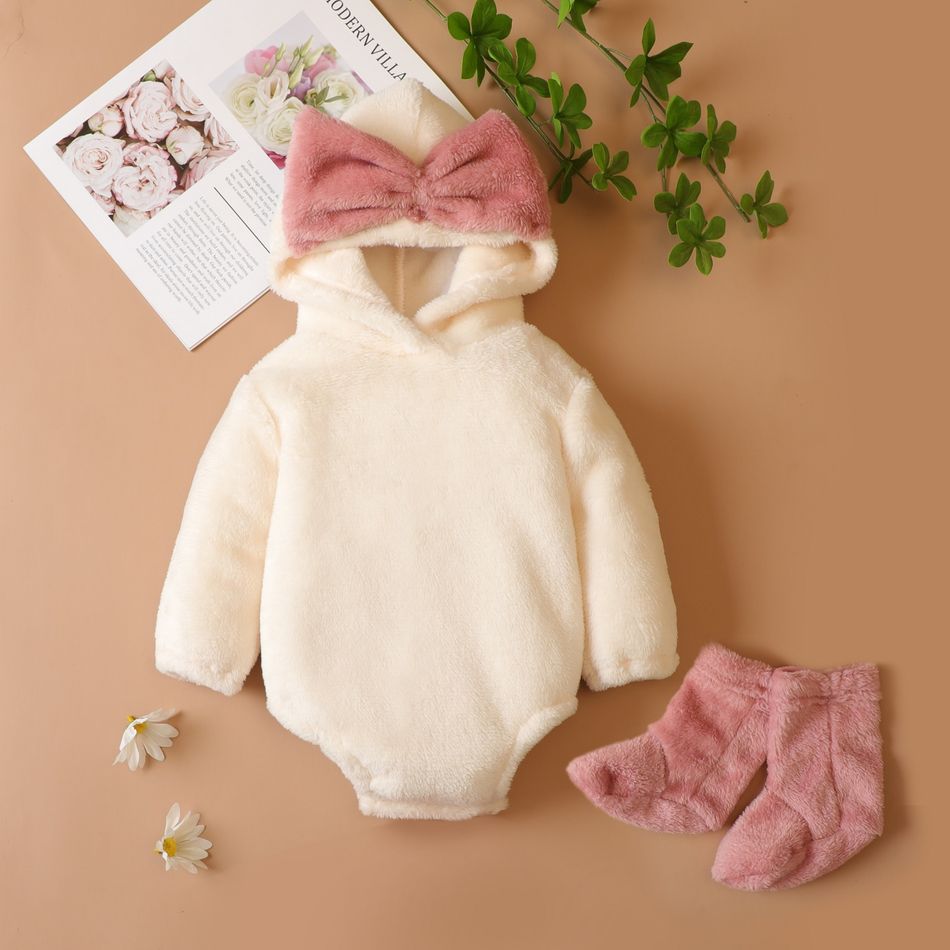 Baby 3pcs Pink/White Solid Long-sleeve Hooded Flannel Romper with Socks Set White big image 1