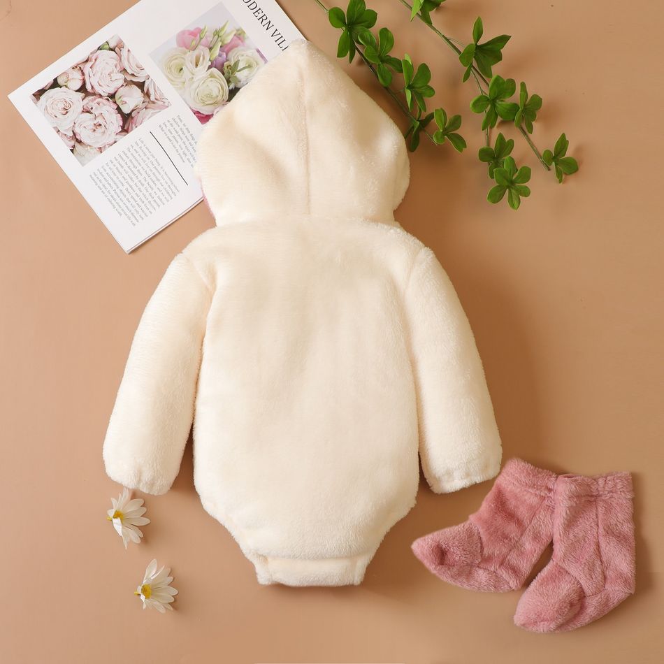 Baby 3pcs Pink/White Solid Long-sleeve Hooded Flannel Romper with Socks Set White big image 4