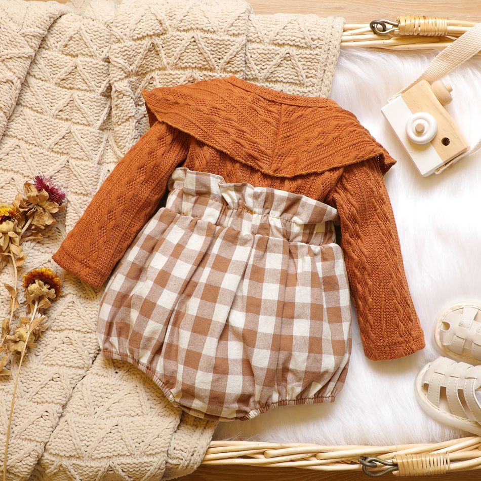 100% Cotton Knitted Long-sleeve Splicing Plaid Print Baby Romper Cameo brown big image 2