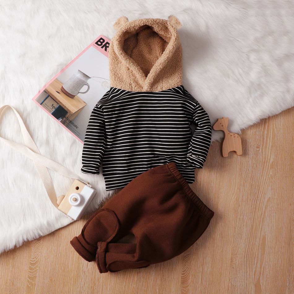 100% Cotton 2pcs Baby 3D Ears Long-sleeve Fleece Hoodie and Trousers Set Coffee