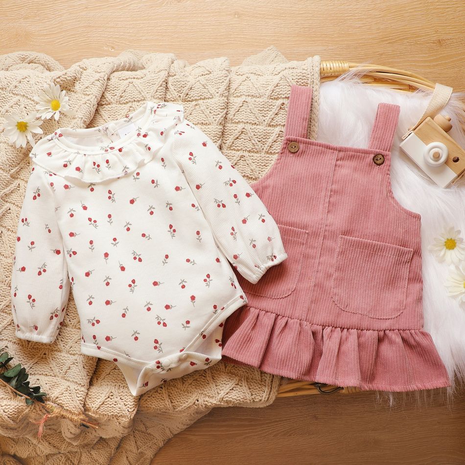2pcs Baby Floral Print Ruffle Long-sleeve Corduroy Romper and Overall Dress Set Pink big image 2