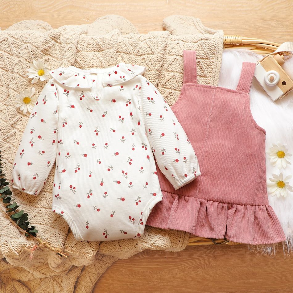 2pcs Baby Floral Print Ruffle Long-sleeve Corduroy Romper and Overall Dress Set Pink big image 3