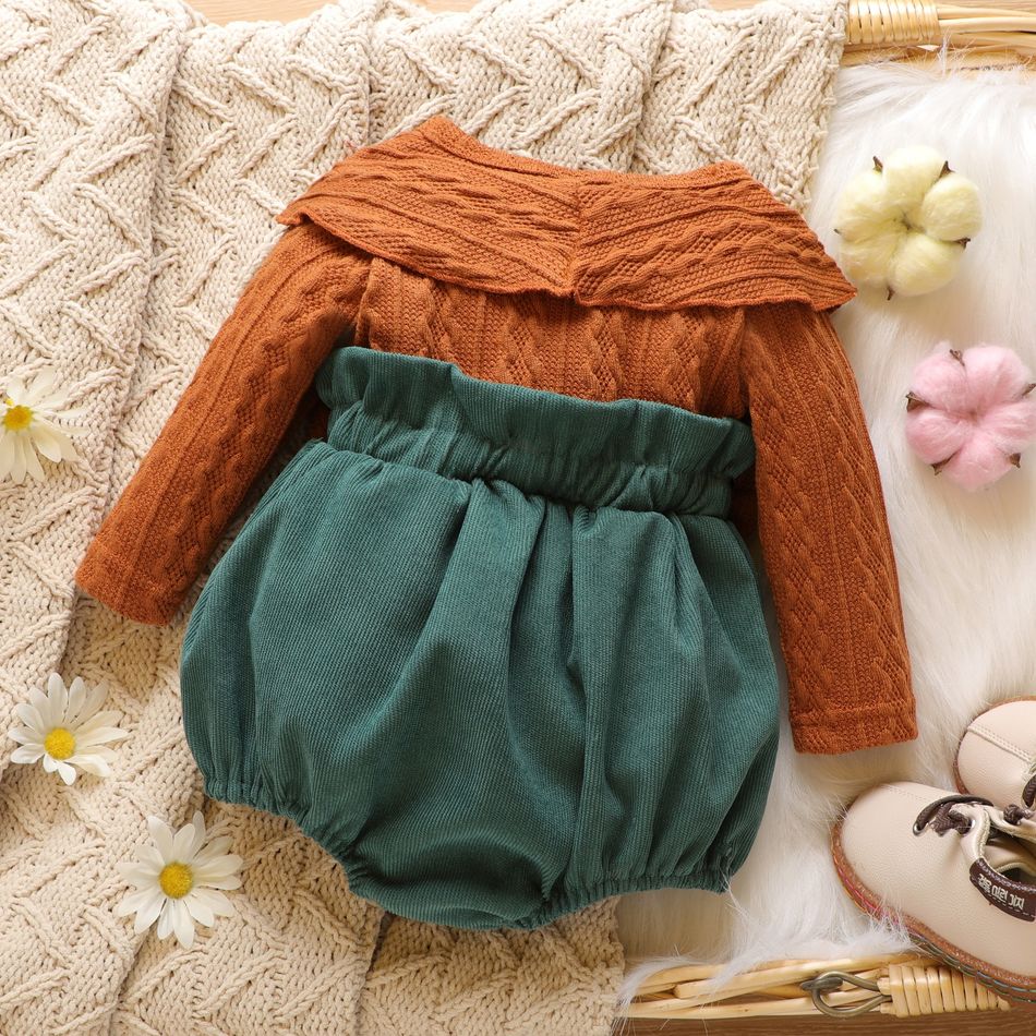 Cable Knit Long-sleeve Splicing Corduroy Bowknot Baby Romper Green