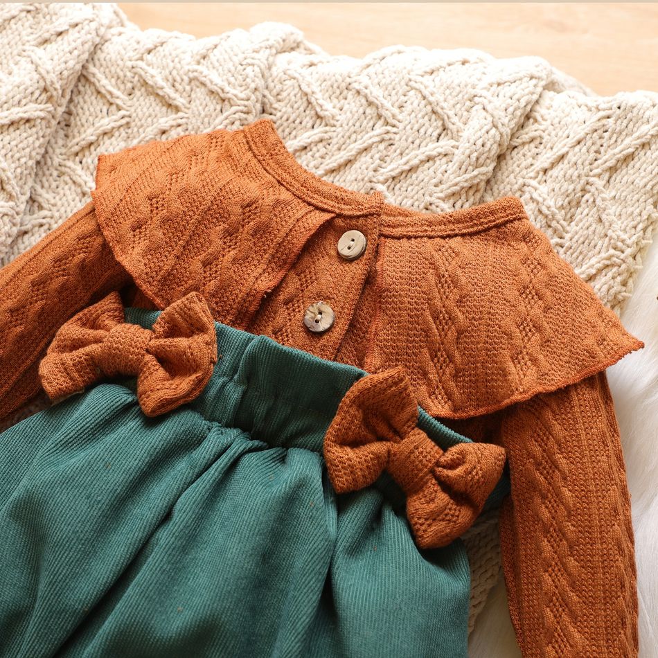 Cable Knit Long-sleeve Splicing Corduroy Bowknot Baby Romper Green big image 2