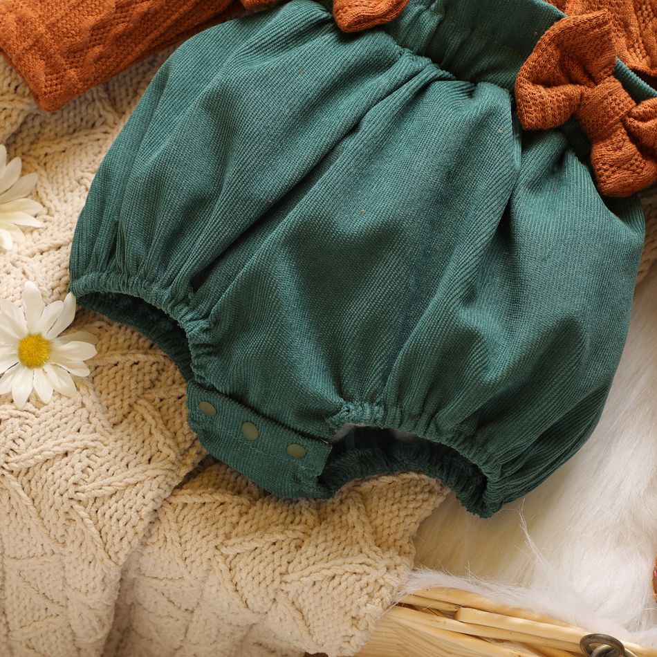Cable Knit Long-sleeve Splicing Corduroy Bowknot Baby Romper Green big image 3