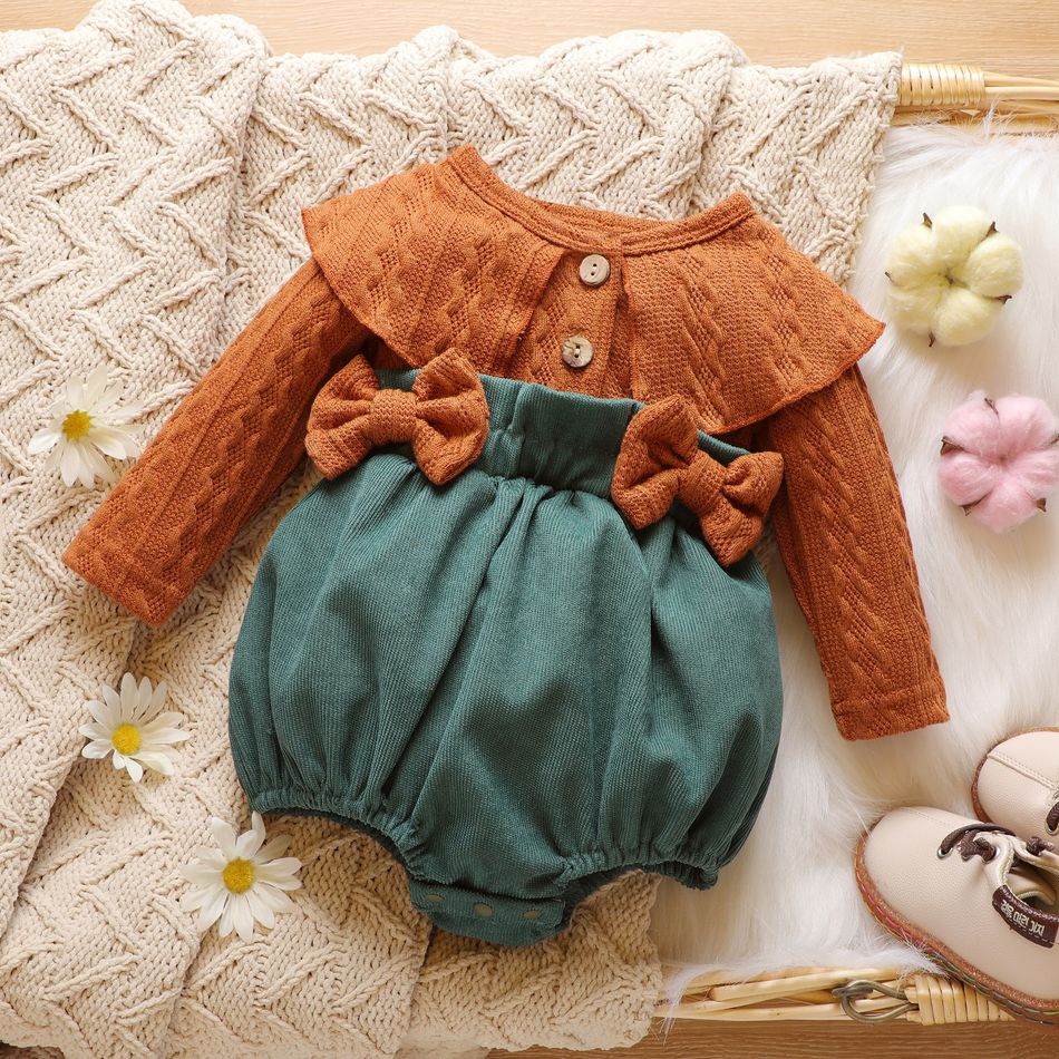 Cable Knit Long-sleeve Splicing Corduroy Bowknot Baby Romper Green