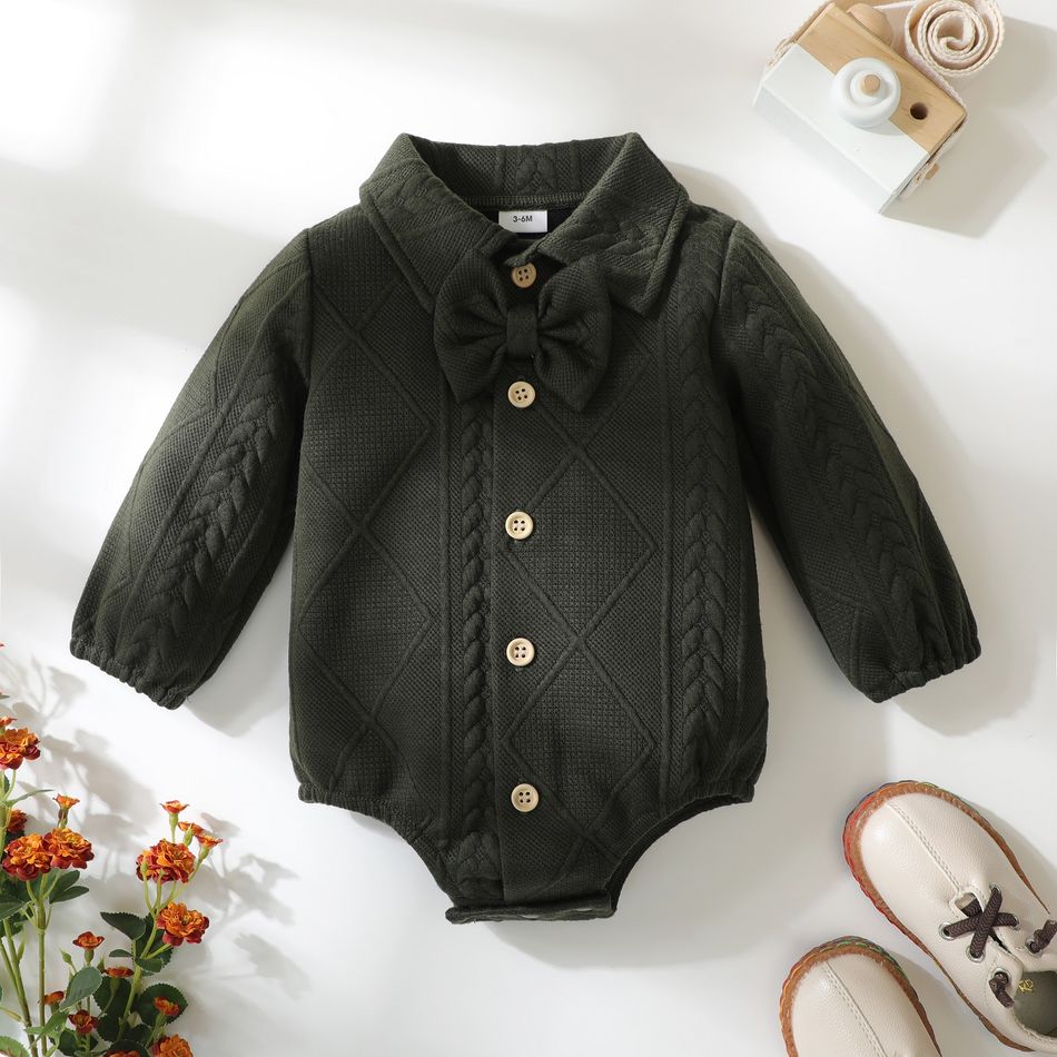 Baby Boy Cable Knit Textured Solid Color Bow tie Button Design Long-sleeve Romper Green big image 1