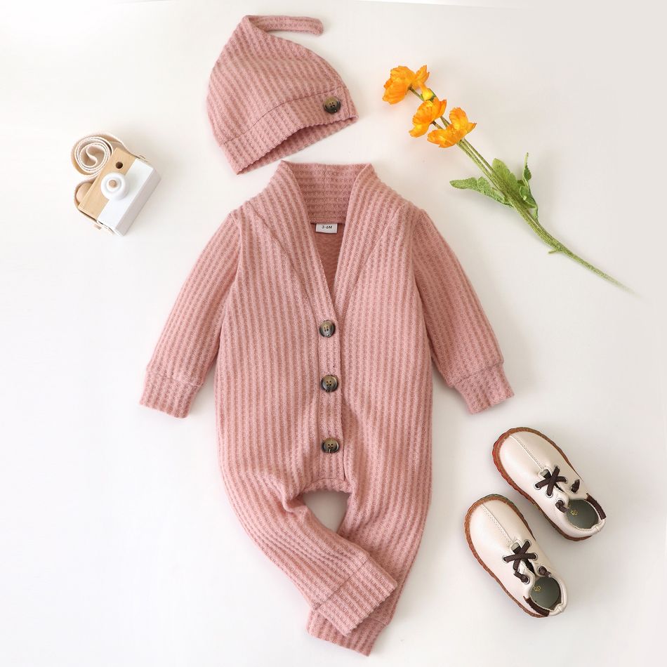 2pcs Baby Boy/Girl Solid Waffle Button Long-sleeve Jumpsuit Set Pink